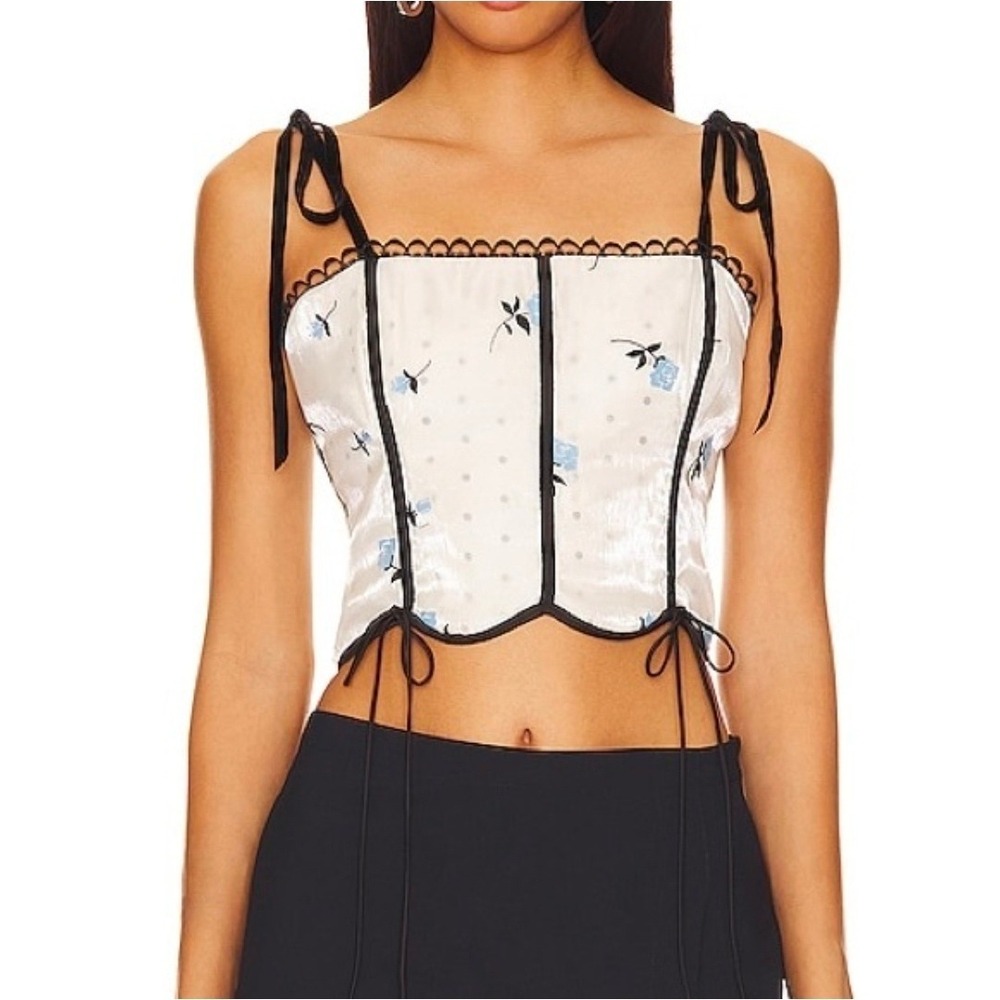 For Love & Lemons White Floral Polka Dot Corset Crop Top Blue Rose Small